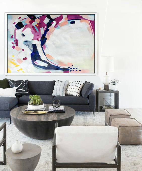 Huge Abstract Painting On Canvas,Oversized Horizontal Contemporary Art,Large Wall Art Canvas,Pink,Purple,Dark Blue,White,Yellow.etc